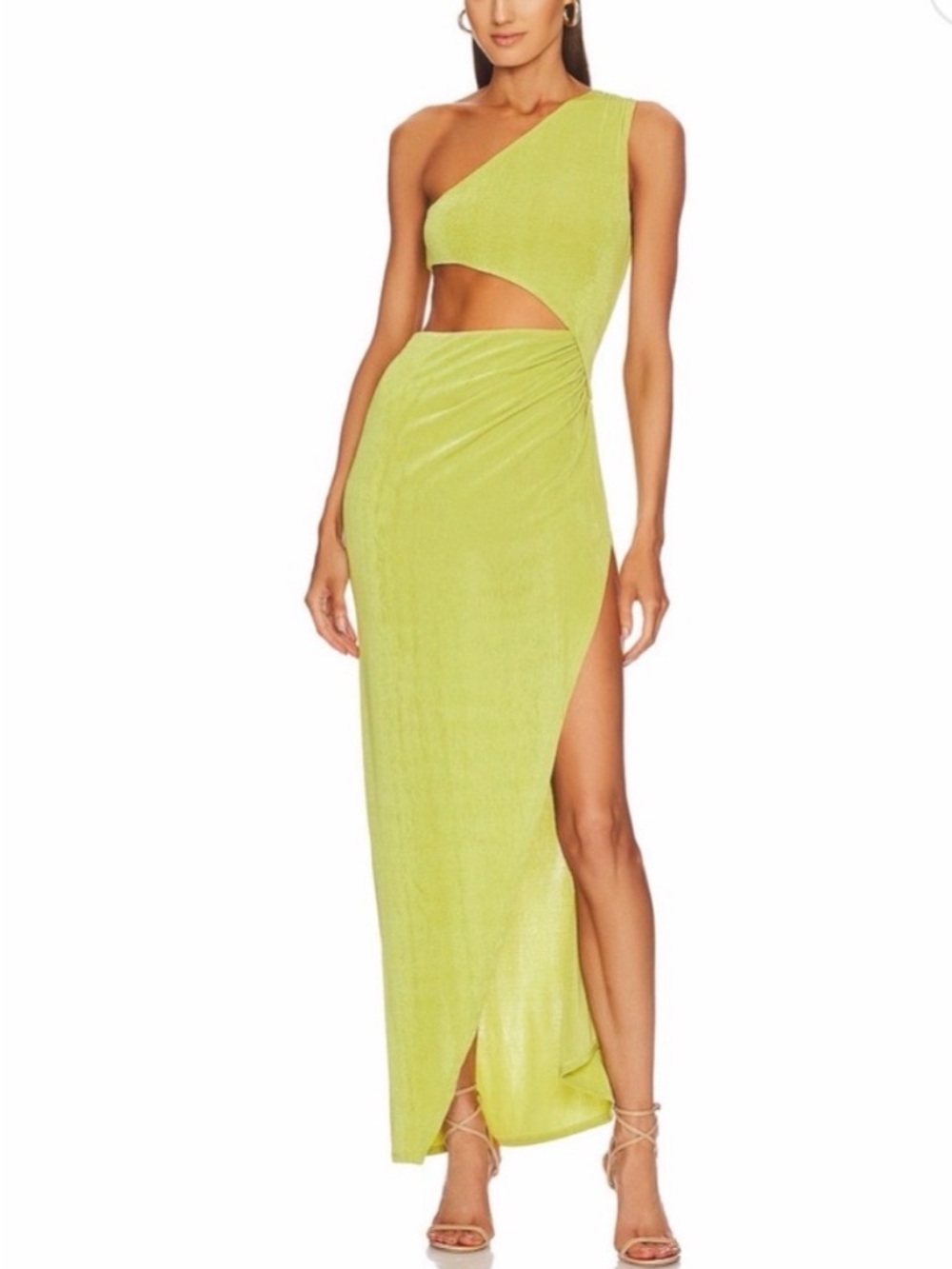Michael Costello Neon Lime One-Shoulder Cutout Maxi Dress
